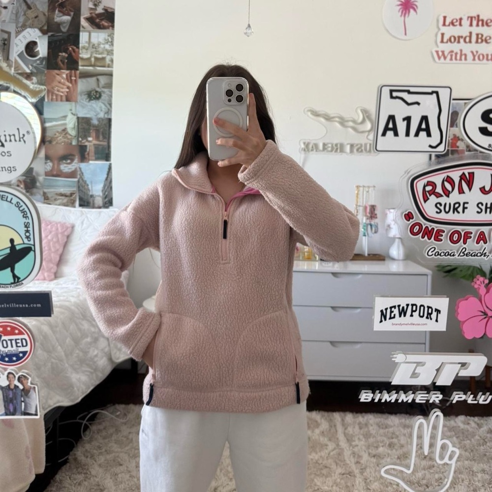 J Crew baby pink fleece quarter zip sweatshirt with pockets
